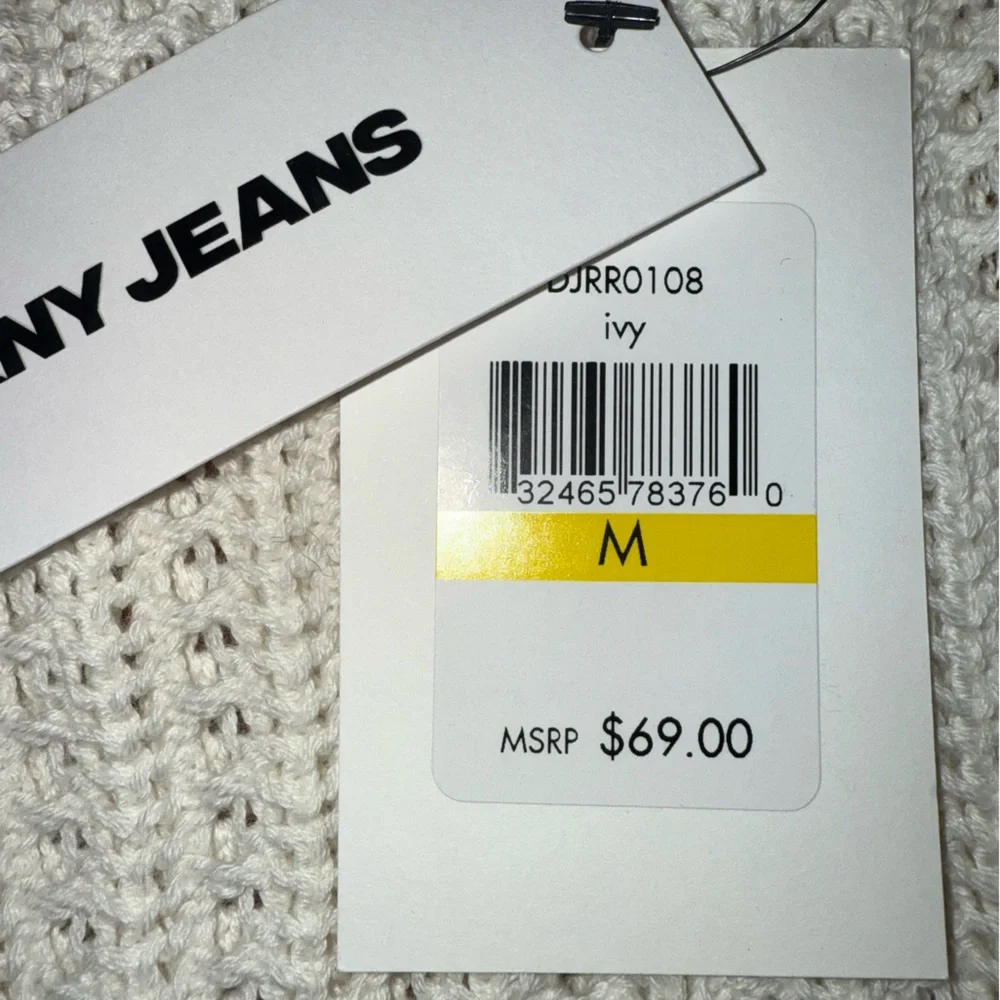 DKNY Jeans Women’s M Open Stitch Long Sleeve Cotton Sweater White Knitted Beach - Picture 3 of 12